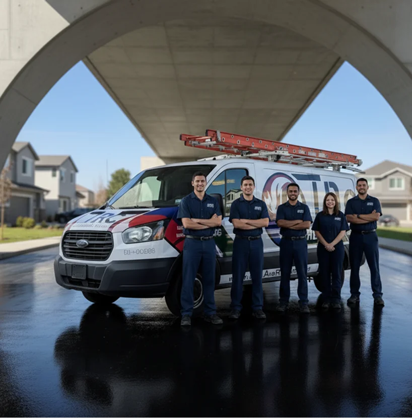 A professional team of five HVAC technicians standing confidently in front of a branded TRC Heating & Air service van.