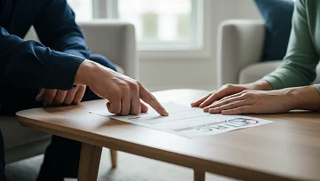 A close-up of a technician's hand pointing to specific details on a service agreement for a customer on a wooden coffee table.