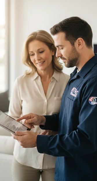 An HVAC technician showing a homeowner a detailed system performance report on a digital tablet during a consultation.
