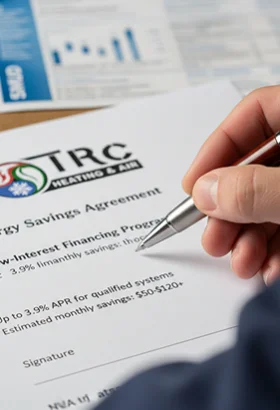 A close-up of a customer's hand signing a TRC Heating & Air Savings Agreement document with a silver pen.