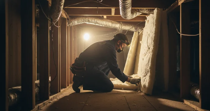 A technician wearing a headlamp and protective gear installing fiberglass batt insulation in a narrow residential crawl space with flexible ductwork.