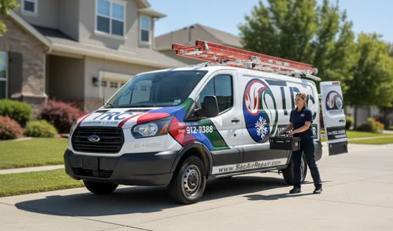 An HVAC technician unloading professional tools and equipment from a branded service van in front of a residential Sacramento home.