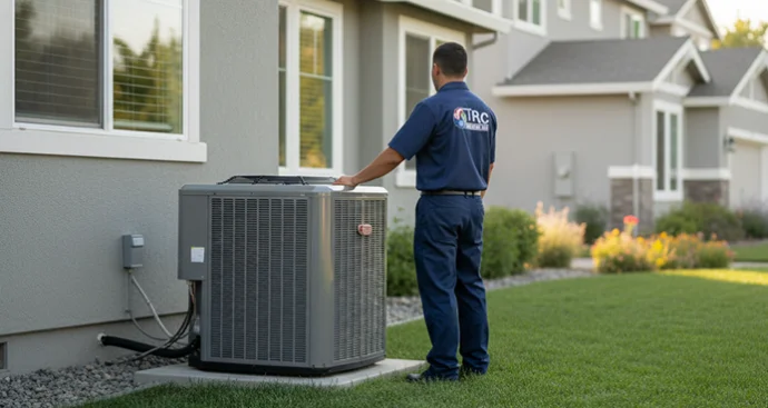 HVAC technician standing next to a residential outdoor air conditioning condenser unit.