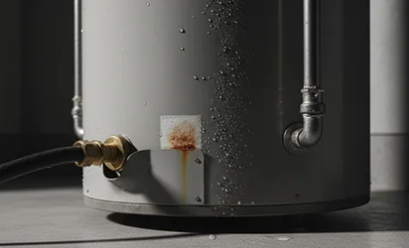 A close-up of a water heater pilot light access panel showing signs of moisture and rust during an inspection.