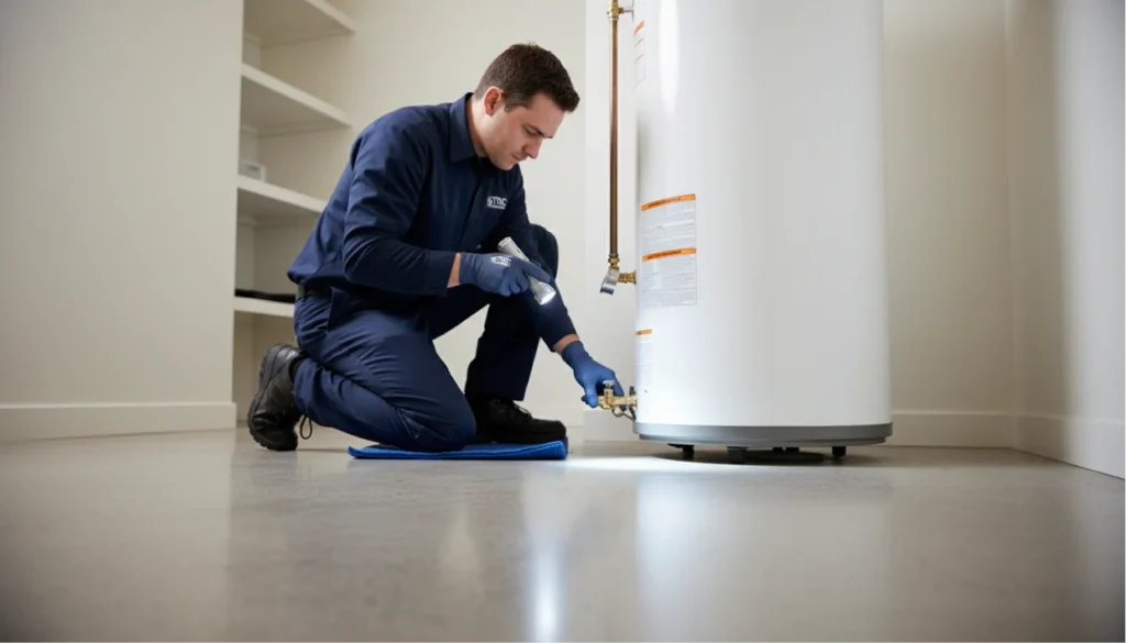 A technician kneeling down to service the bottom valves and drainage of a modern white tankless water heater.