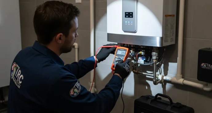 HVAC technician using a digital multimeter to test a tankless water heater.