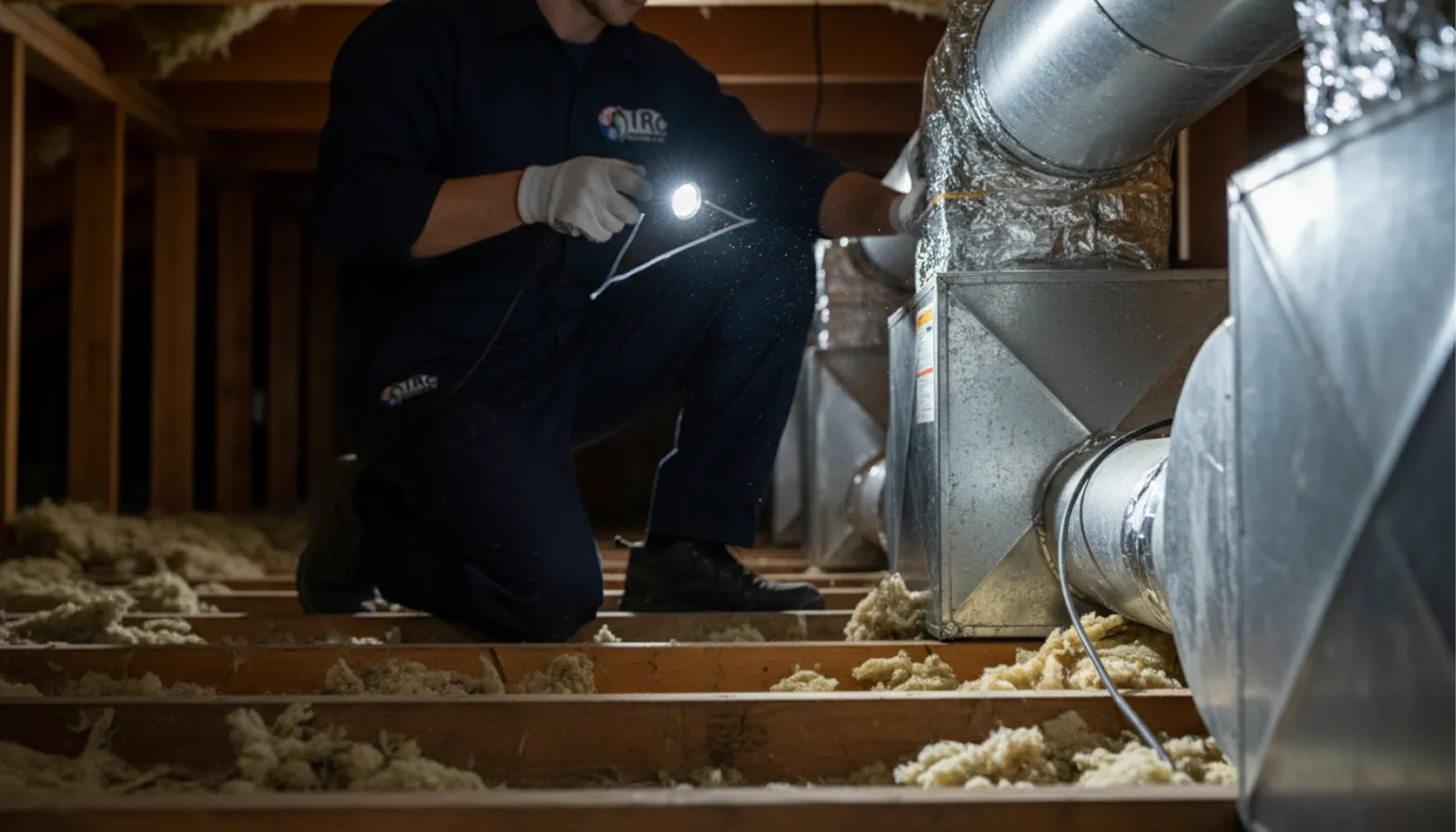 An HVAC technician using a flashlight to inspect silver metal ductwork and insulation in a residential attic space.