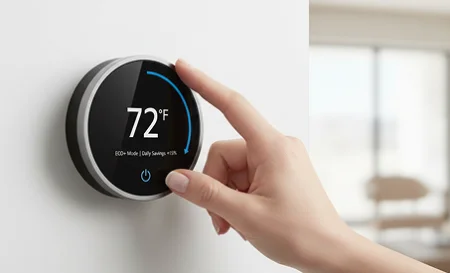 A finger adjusting a modern circular smart thermostat mounted on a white wall, displaying a temperature of 72 degrees.