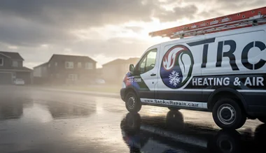 A TRC Heating & Air service van parked on a suburban street at dawn with its reflection visible on the wet pavement.