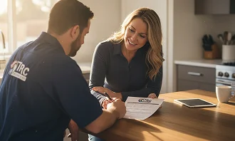 An HVAC technician using a nut driver and specialized tools to repair the electrical control board of an outdoor air conditioning unit
