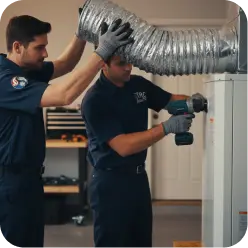 Two technicians installing a flexible silver air duct onto a furnace.