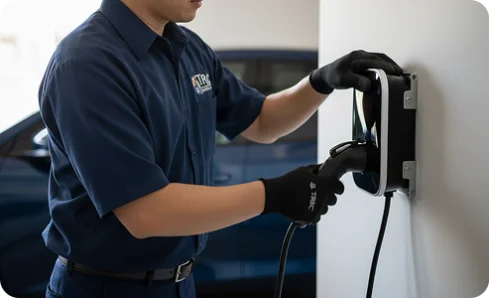 HVAC technician using a hand-held device to test a wall-mounted electric vehicle charging station.