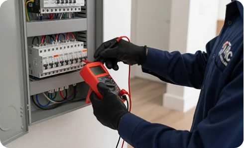 HVAC technician using a digital multimeter to test voltage at a residential electrical service panel.