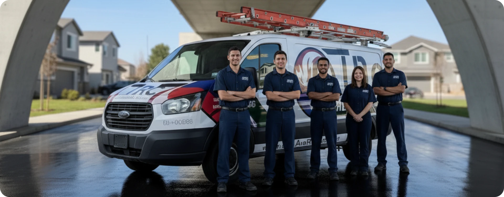 A professional team of five HVAC technicians standing confidently in front of a branded TRC Heating & Air service van.