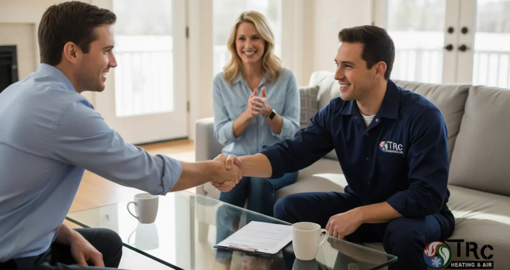 A smiling HVAC technician shaking hands with a homeowner in a living room while a woman looks on approvingly.