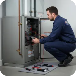 HVAC technician's gloved hands performing electrical wiring on a residential furnace.