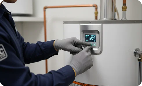 A technician's hand pressing a button on a digital water heater display showing a temperature of 120 degrees Fahrenheit.