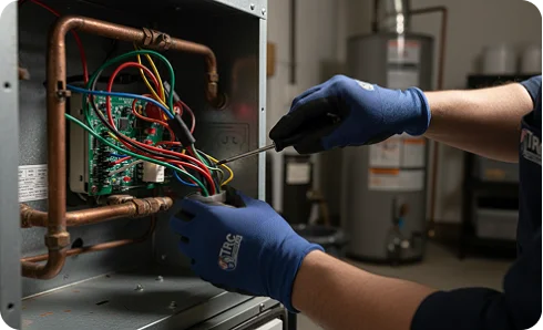 HVAC technician in blue gloves using a tool to adjust wiring on a system control board.