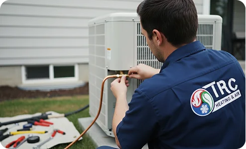 HVAC technician connecting a copper refrigerant line to an outdoor AC unit.