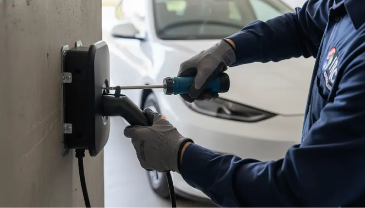 Professional electrician using a screwdriver to install a home electric vehicle charging station.