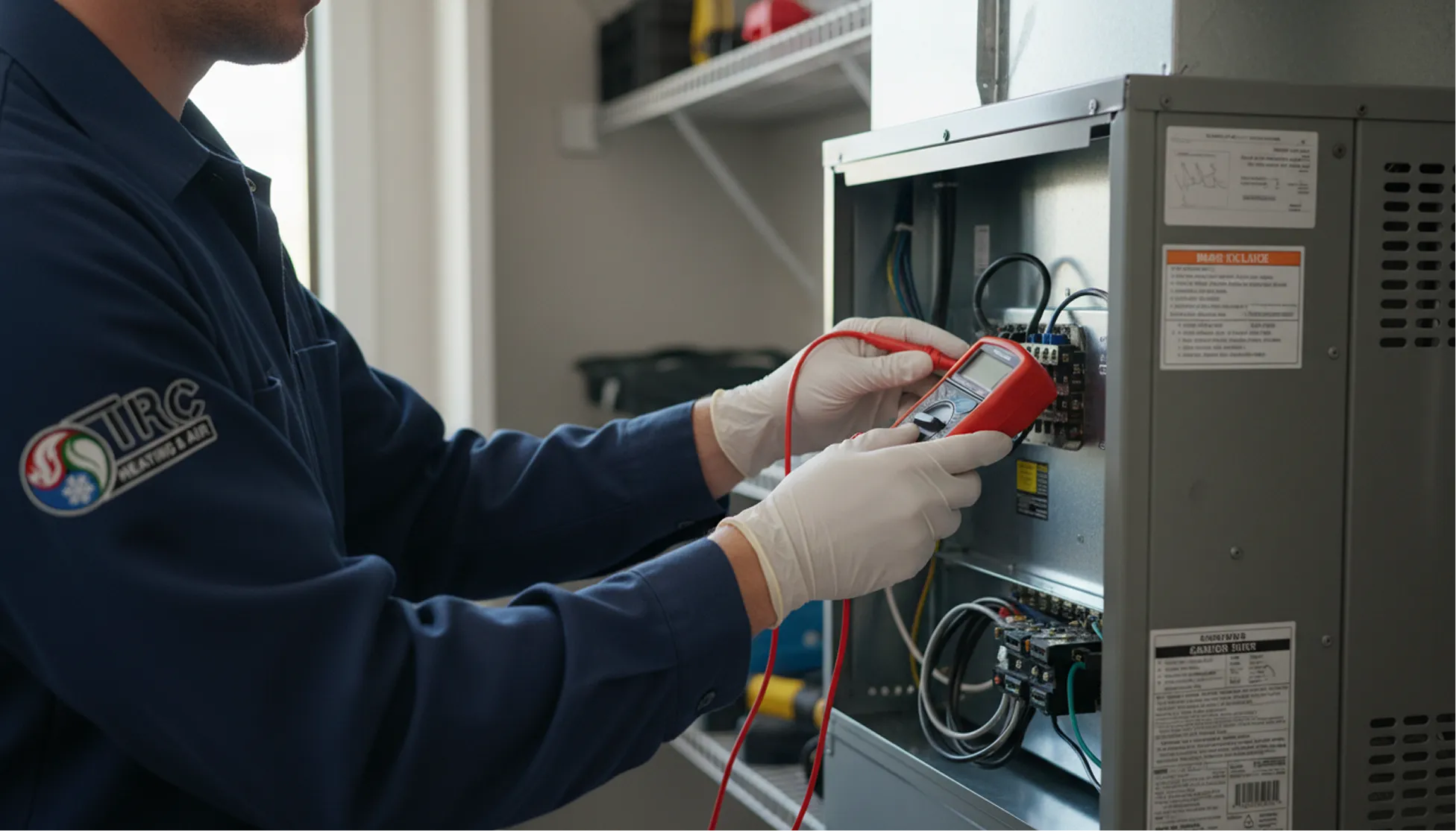 An HVAC technician in white gloves using a red digital multimeter to test voltage on an electrical control panel inside a home.