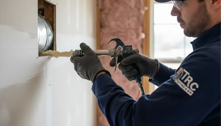 Technician using a spray foam applicator to seal a gap in a white wall.