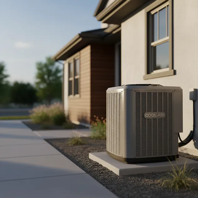 A grey residential outdoor AC unit installed on a level concrete pad next to a modern home with tan siding.