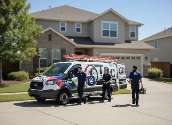 Two HVAC technicians from TRC Heating & Air walking toward a residential home next to a branded service van.