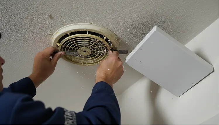 Technician's hands using a tool to remove or install a circular bathroom exhaust fan grille.