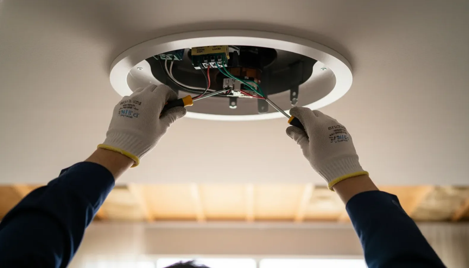 A technician using a screwdriver to secure electrical wiring for a white circular ceiling fixture or fan.