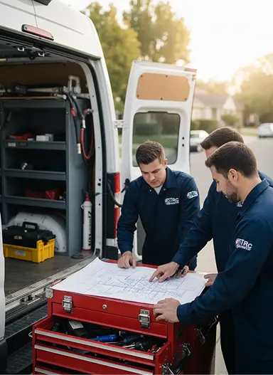A group of HVAC technicians in blue uniforms reviewing a set of architectural blueprints on a red toolbox behind a service van.