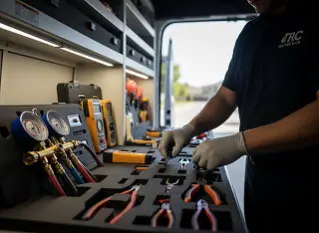 An organized interior of a service van featuring custom foam tool inserts, manifold gauges, and digital multimeters.