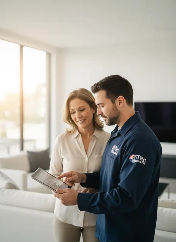 A professional technician showing a homeowner a digital report or estimate on a tablet in a well-lit living room.