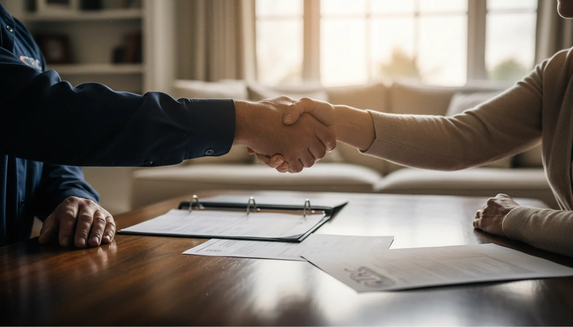 A technician and homeowner shaking hands over a service contract and clipboard.