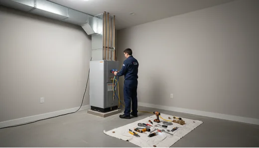 An HVAC technician standing in a mechanical room performing a diagnostic test on a grey vertical furnace unit.