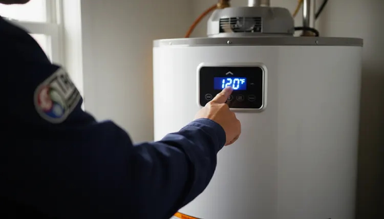 A person's hand pressing a button on a digital water heater display showing 120 degrees.