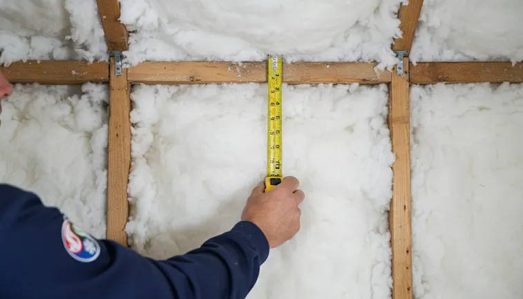 A hand holding a yellow measuring tape to check the depth of white blown-in attic insulation.