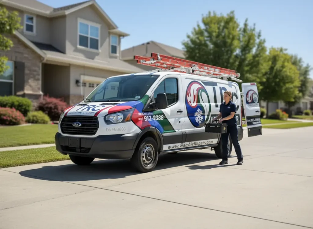 Two HVAC technicians from TRC Heating & Air walking toward a residential home next to a branded service van.
