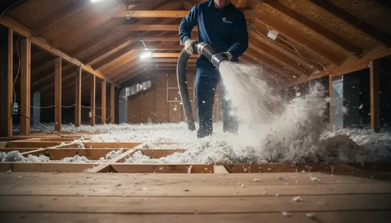 A technician using a large hose to install white blown-in fiberglass insulation in a home's attic.
