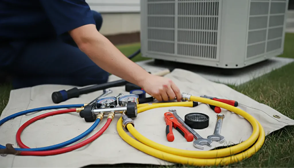 A close-up of a technician's hand reaching for a manifold gauge set and tools laid out on a protective cloth next to an outdoor AC unit.