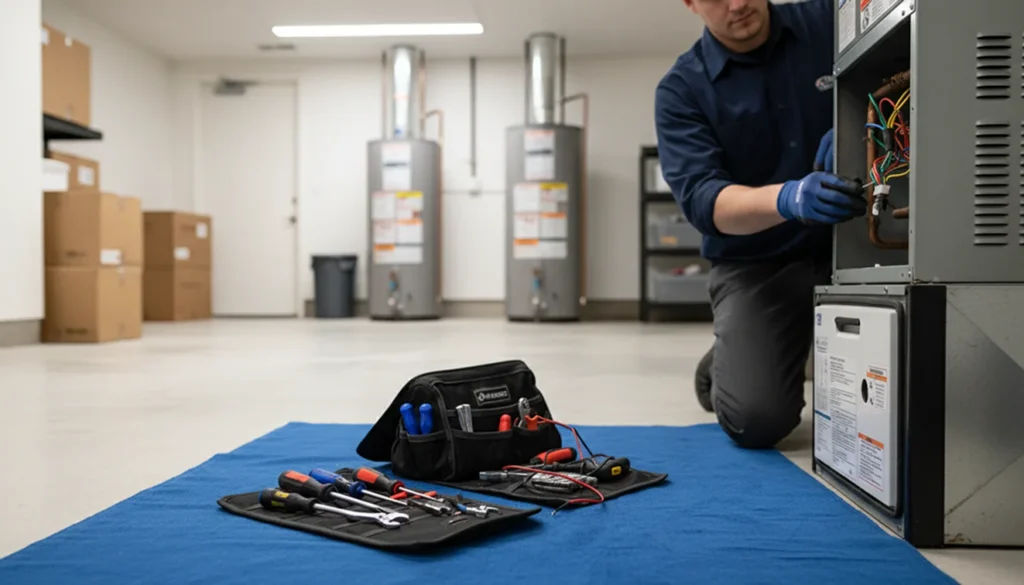 A professional tool bag with wrenches, screwdrivers, and a multimeter laid out on a blue protective cloth in a utility room.