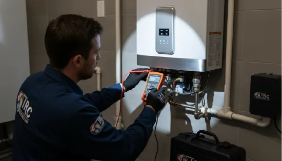 An HVAC technician using a digital multimeter to test the electrical circuits of a wall-mounted smart climate control system.