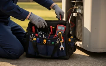 A close-up of a blue and black heavy-duty tool bag filled with pliers, wrenches, and a digital multimeter next to an outdoor unit.