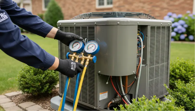 Technician using a manifold gauge set to check outdoor AC unit pressure.