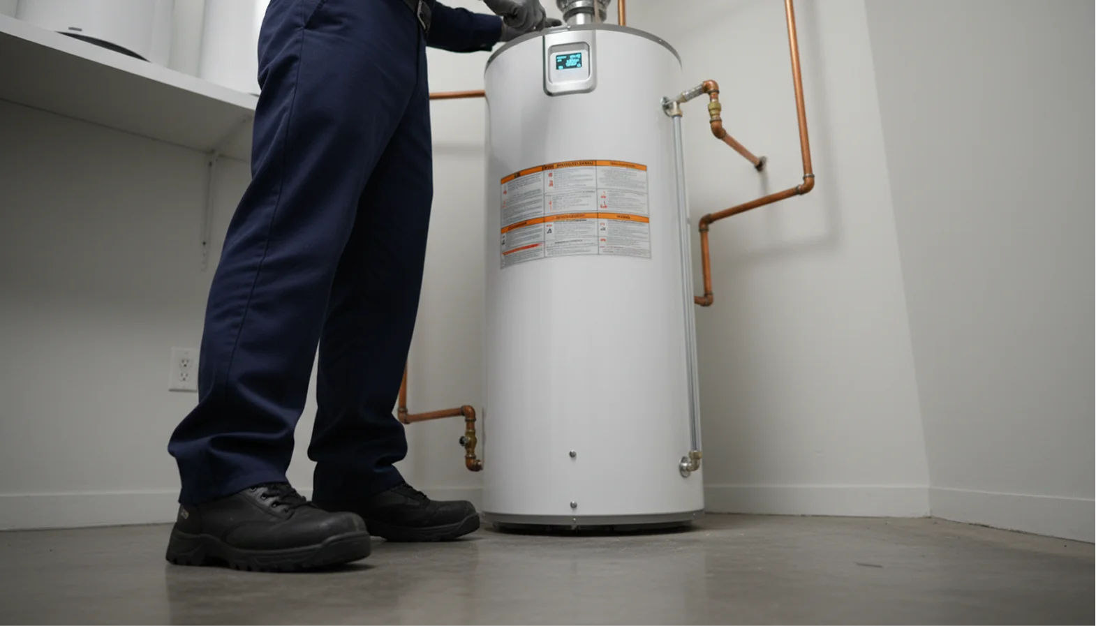 A technician in a dark uniform inspecting the base and copper piping of a white tall standing water heater.