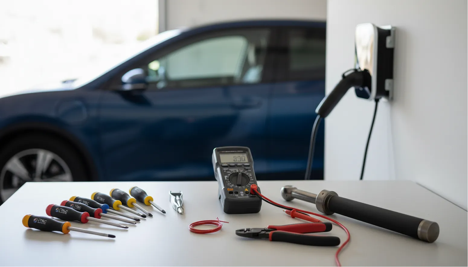 A digital multimeter, screwdrivers, and wire strippers organized on a white workspace in front of an electric vehicle and charging port.