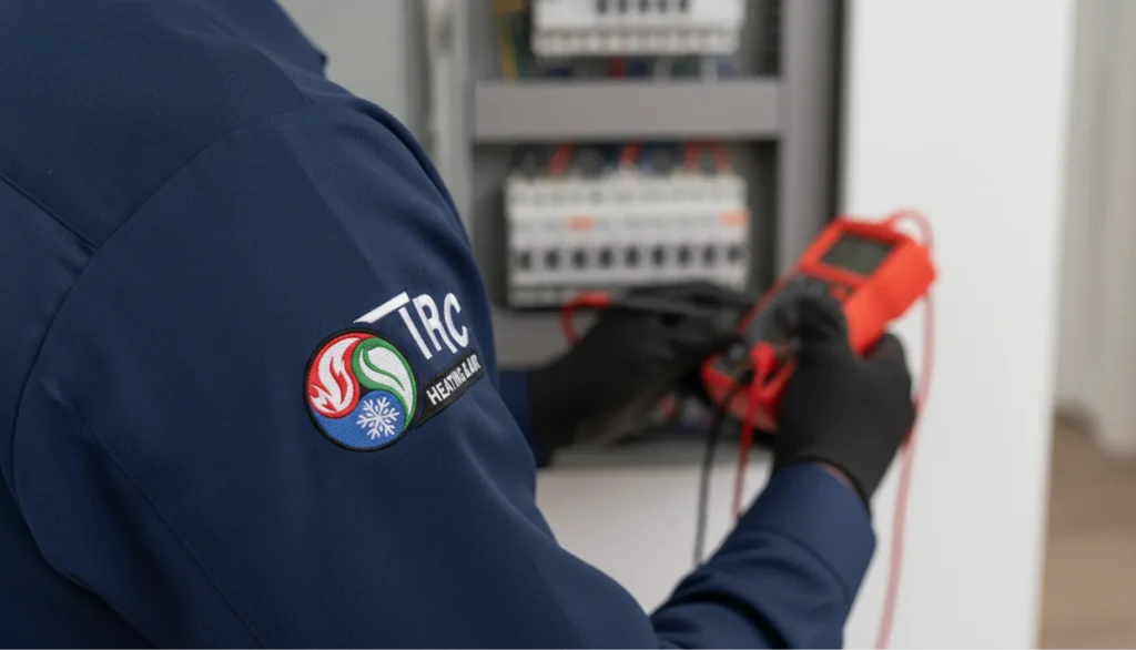 A TRC Heating & Air technician in a blue uniform using a red digital multimeter to test a residential electrical circuit breaker panel.
