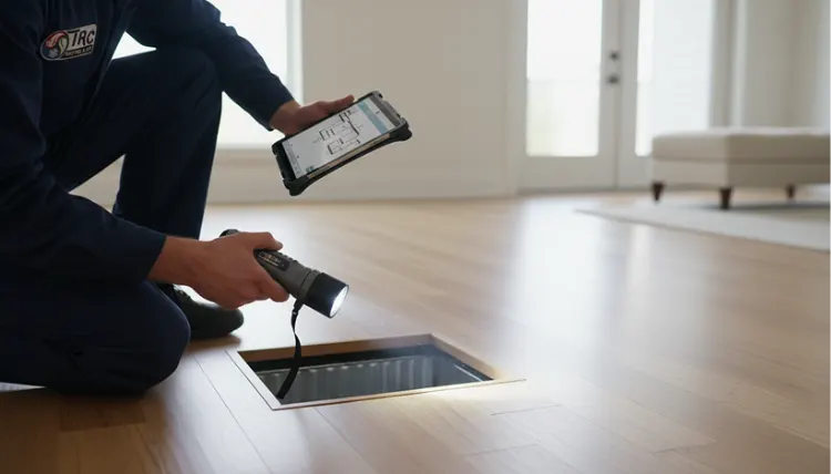 HVAC technician using a flashlight and digital tablet to inspect a floor vent.