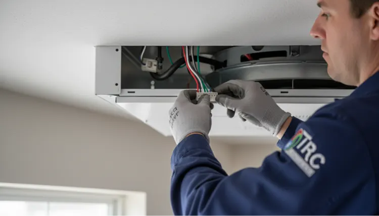 HVAC technician's gloved hands connecting a multi-wire harness to a ceiling-mounted unit.