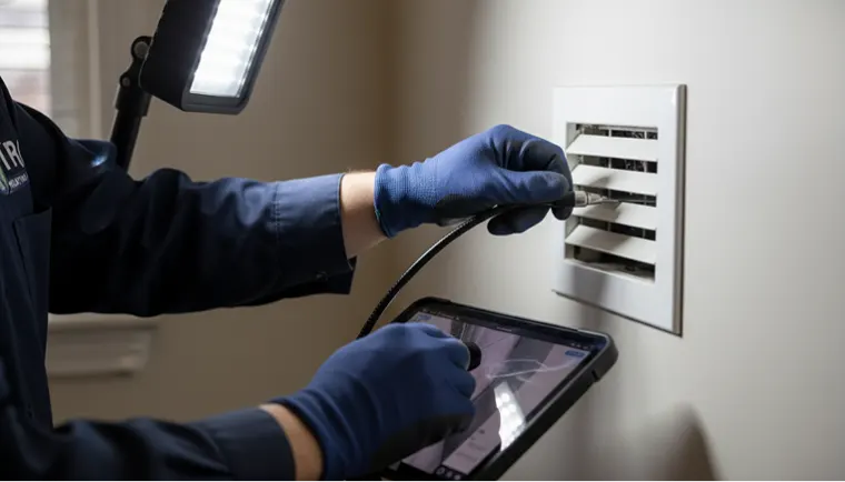 HVAC technician using a digital tablet and inspection camera to check a wall vent.